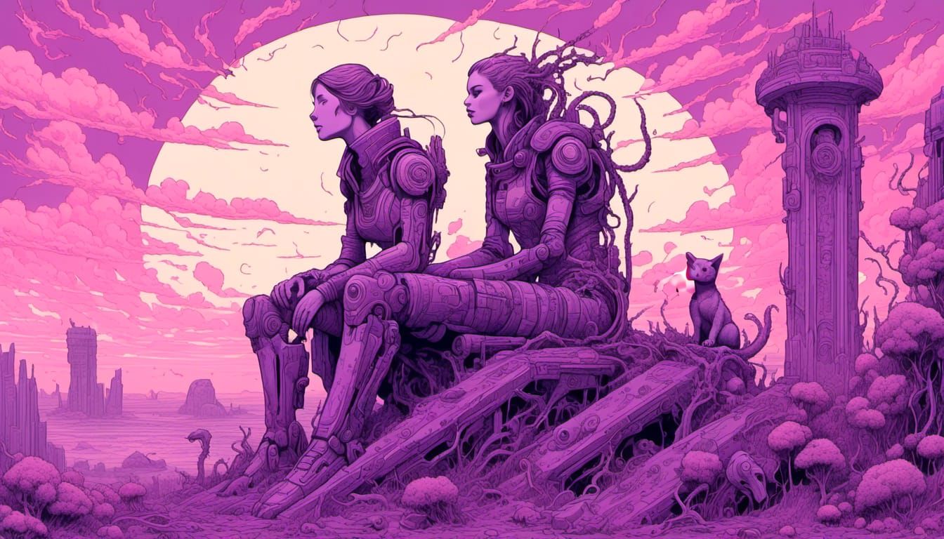 Corroded Biomechanical Woman in Overgrown Arena