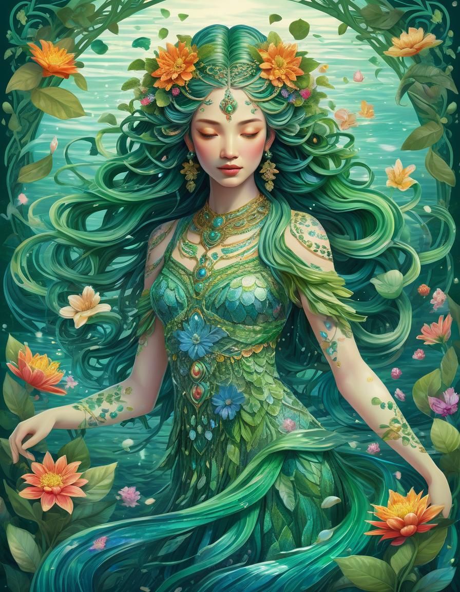 Enchanting Green-Haired Nymph in Mystical Landscape