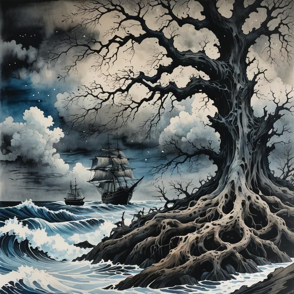 Entwined Shipwreck Mast in Japanese Ink Painting