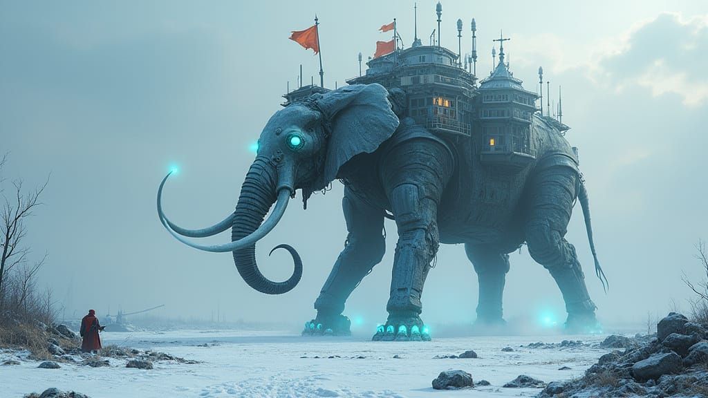 Cyber-Elephant Marches Through Frozen Wasteland in Cyberpunk...