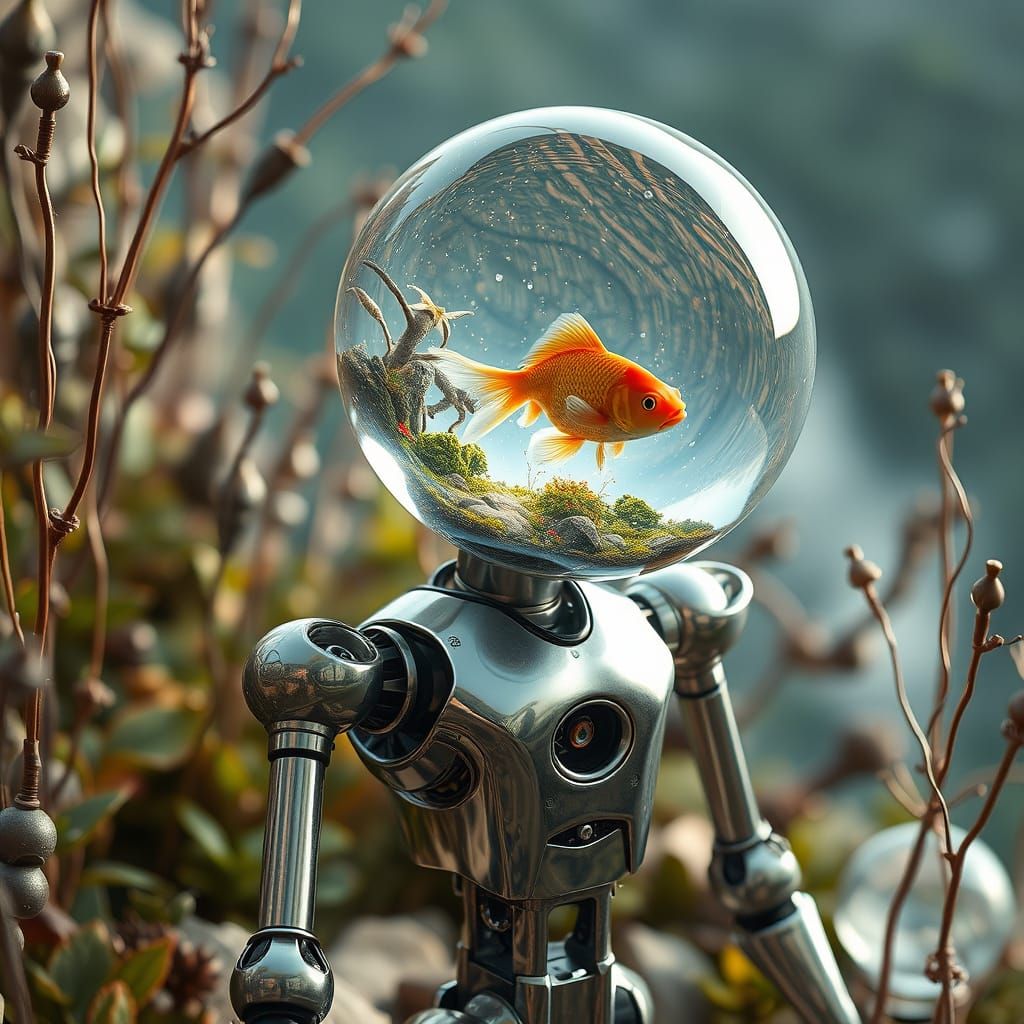 Futuristic Robot in Garden with Goldfish