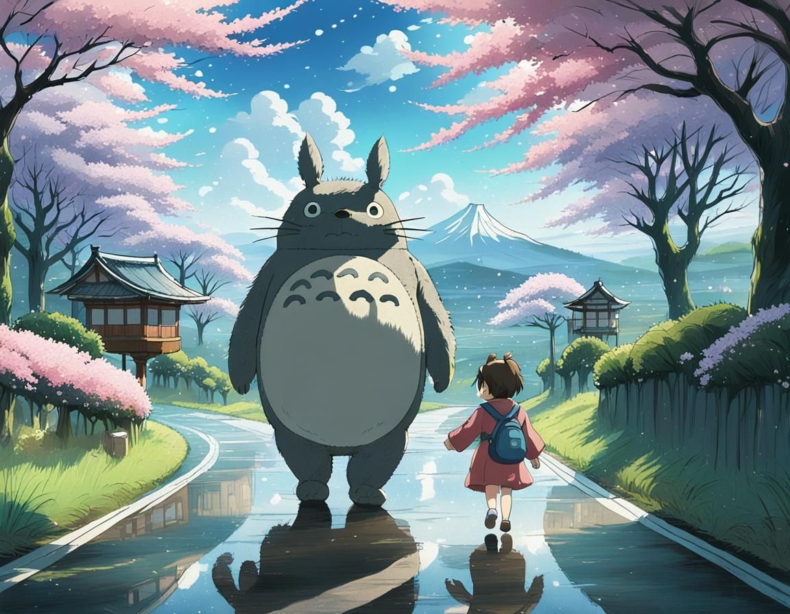 Totoro and Teddy Bear on Cherry Blossom Road