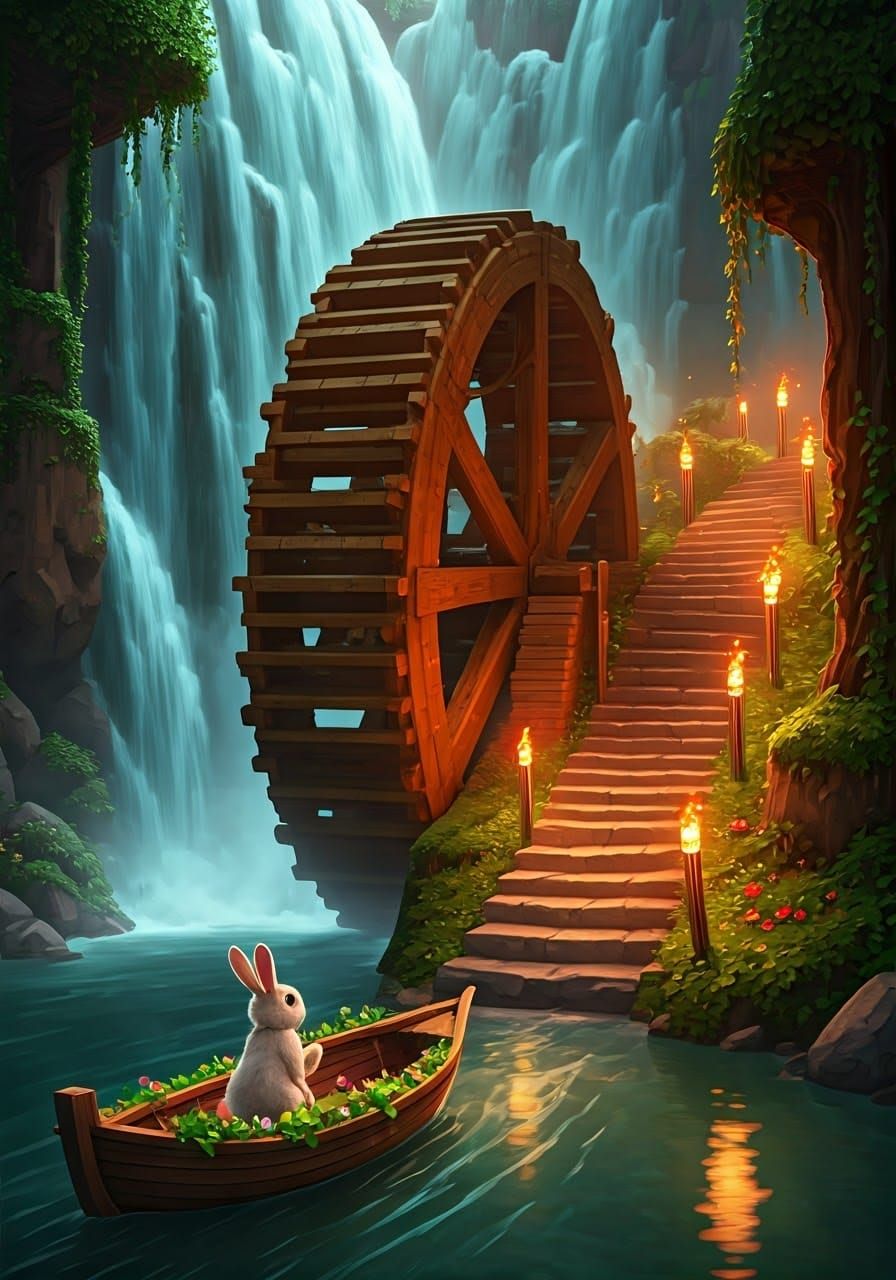 Whimsical Waterwheel Wonderland in Storybook Style