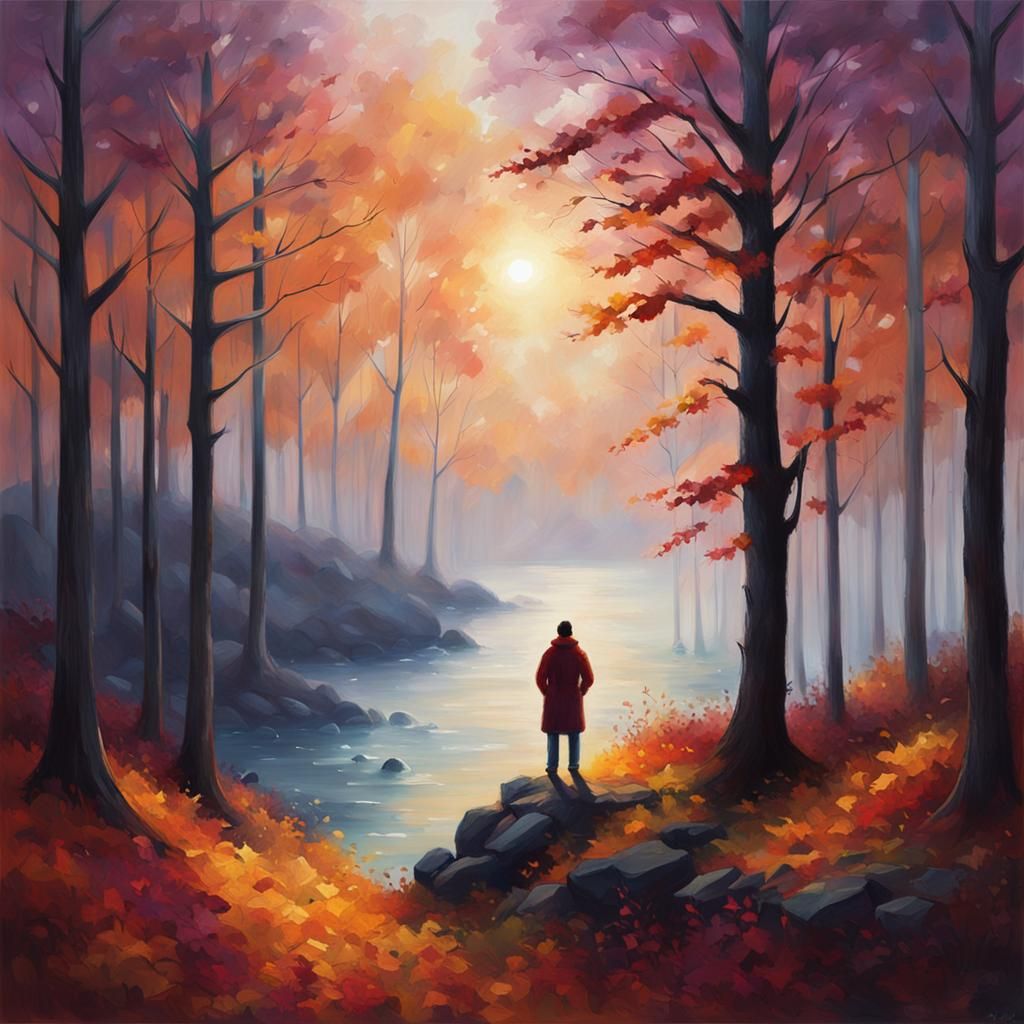 Mystical Autumn Forest Overlooking Misty Coastline