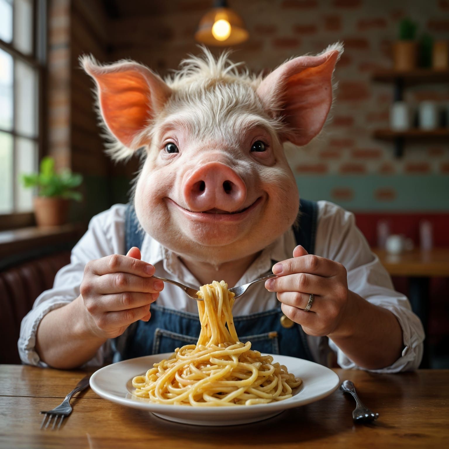 Pensive Pigman Pumps Pasta in Cartoon Style
