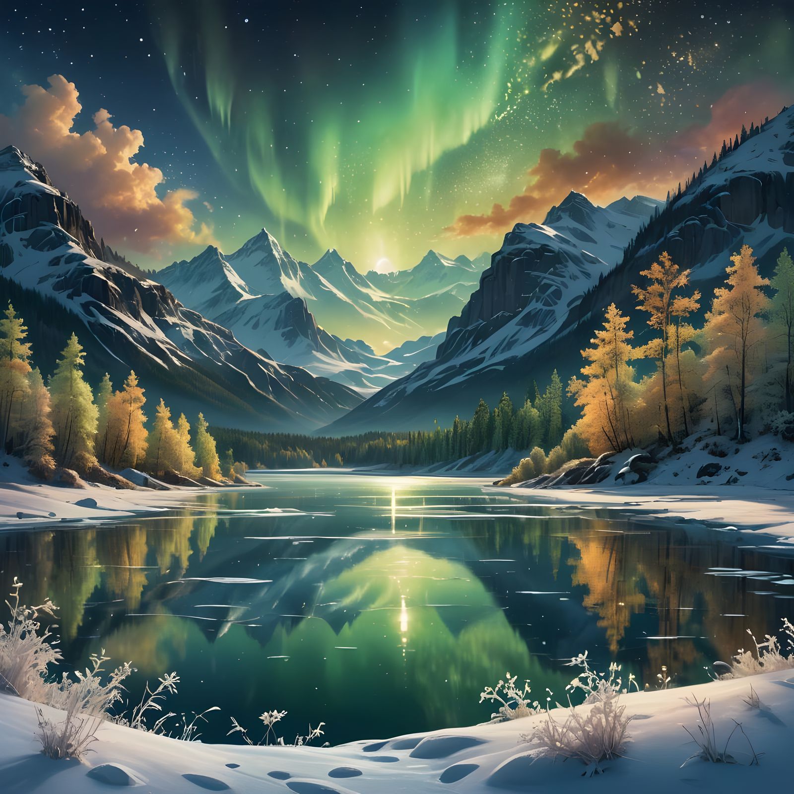 Aurora-Lit Landscape Reflected on Frozen Lake