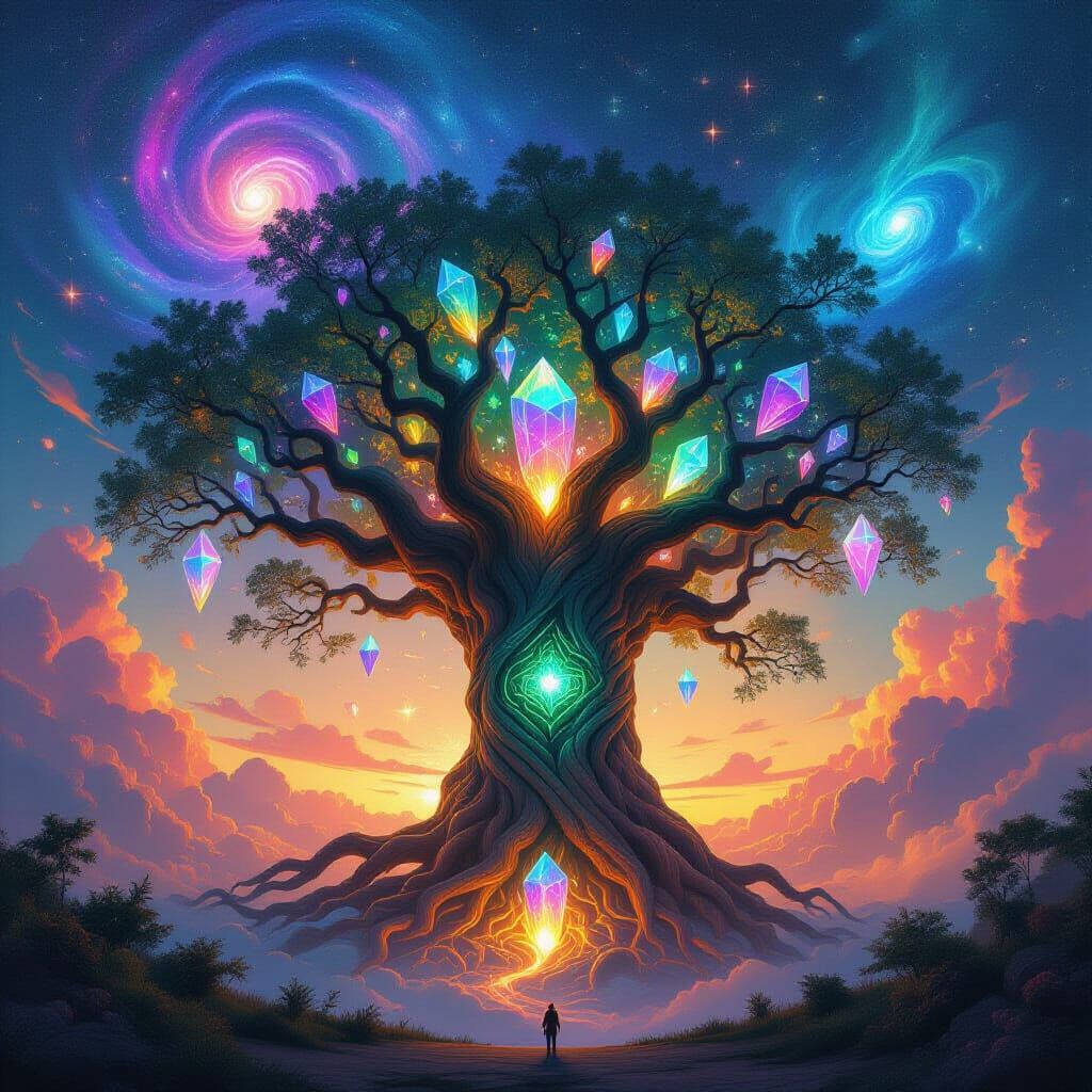 Ancient Galaxy Tree with Chakra Crystals