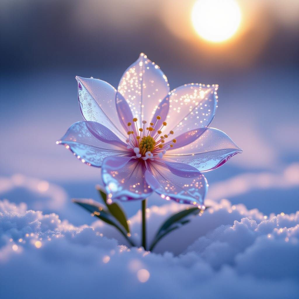 Glass Flower Adorned with Snow and Ice Crystals