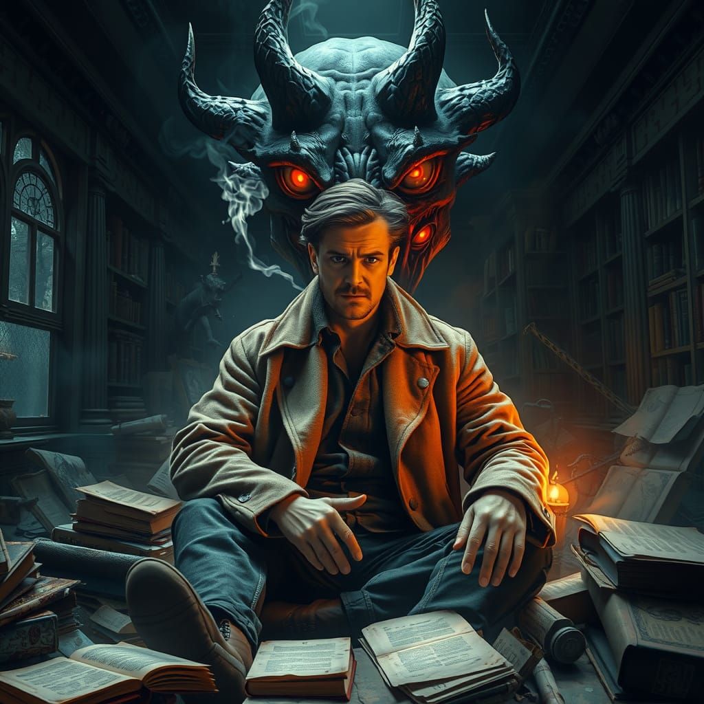 John Constantine in Ruined Library with Demon