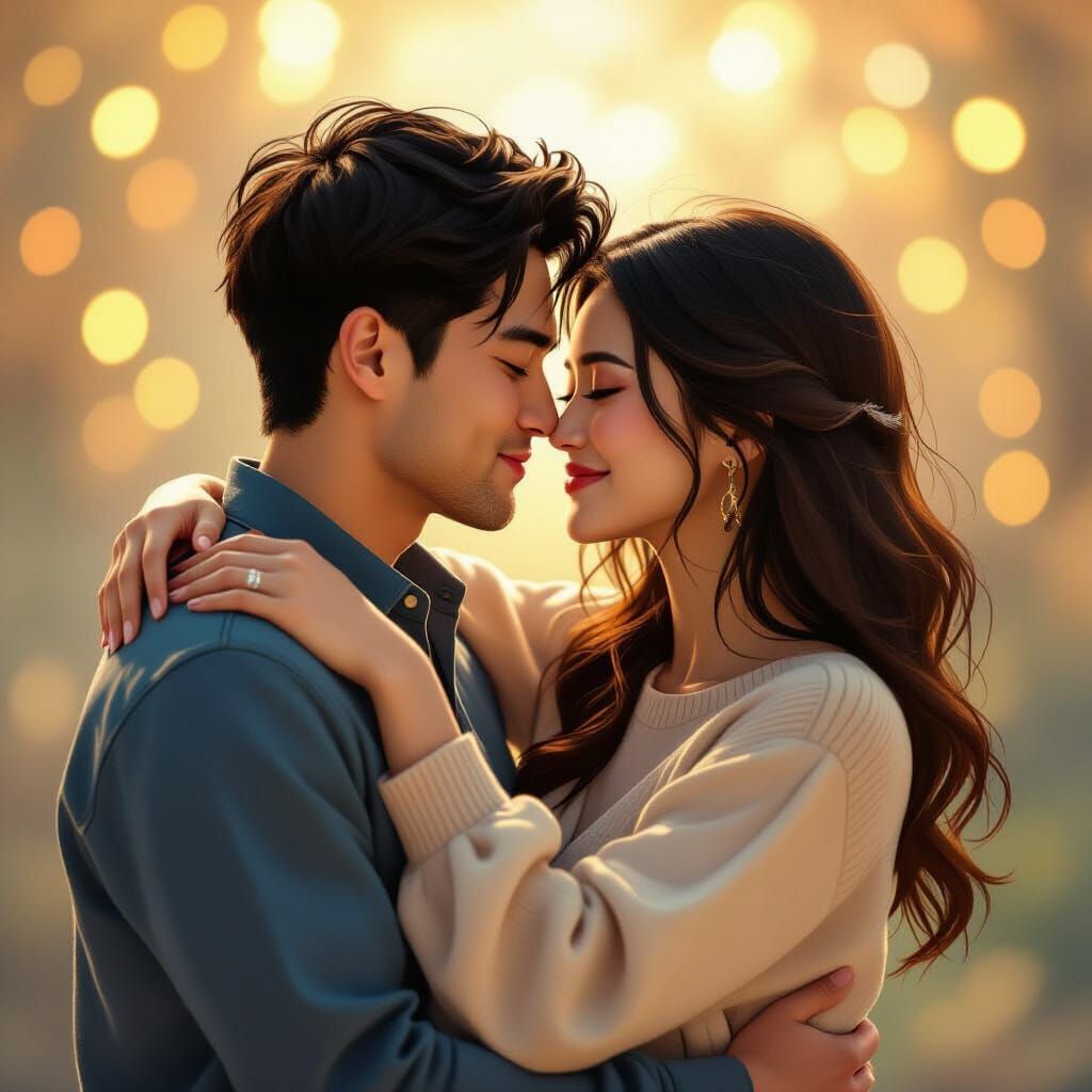 Tender Couple's Kiss in Dreamy Illustration Style
