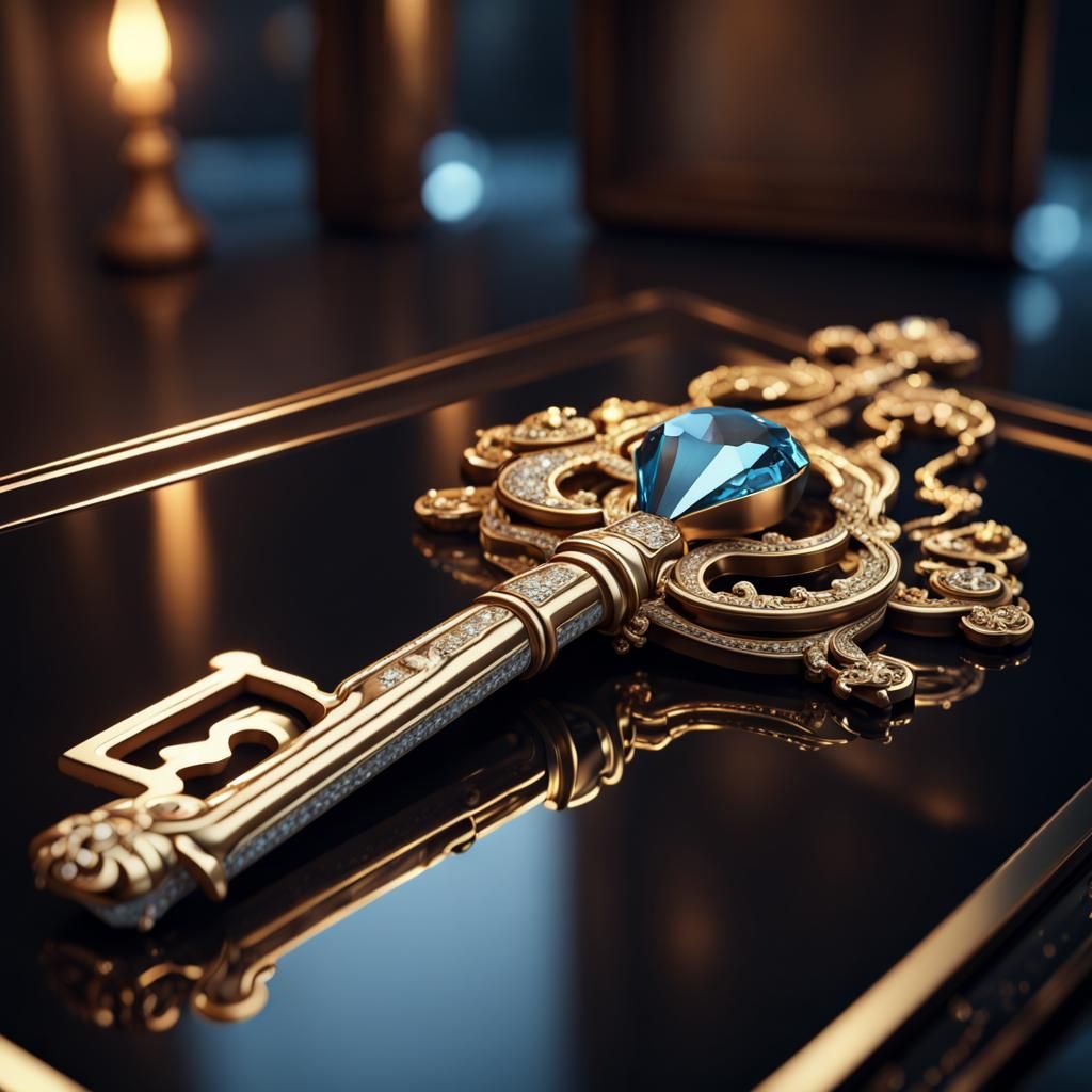 Diamond Skeleton Key on Mirrored Table, Detailed Matte Paint...