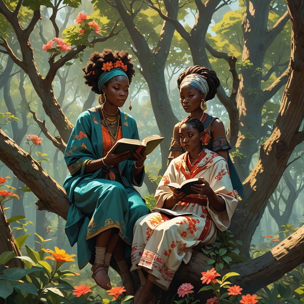 African Maidens Reading in Whimsical Forest