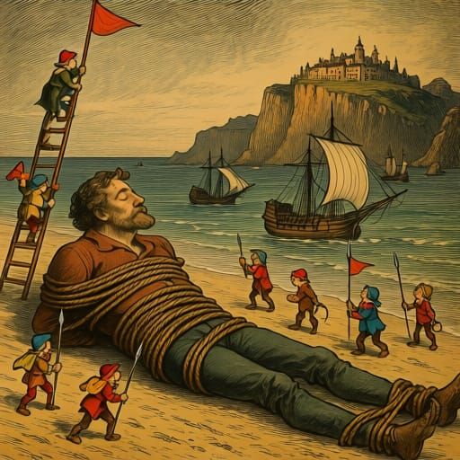 Giant Man Bound by Lilliputians in Vintage Book Illustration...