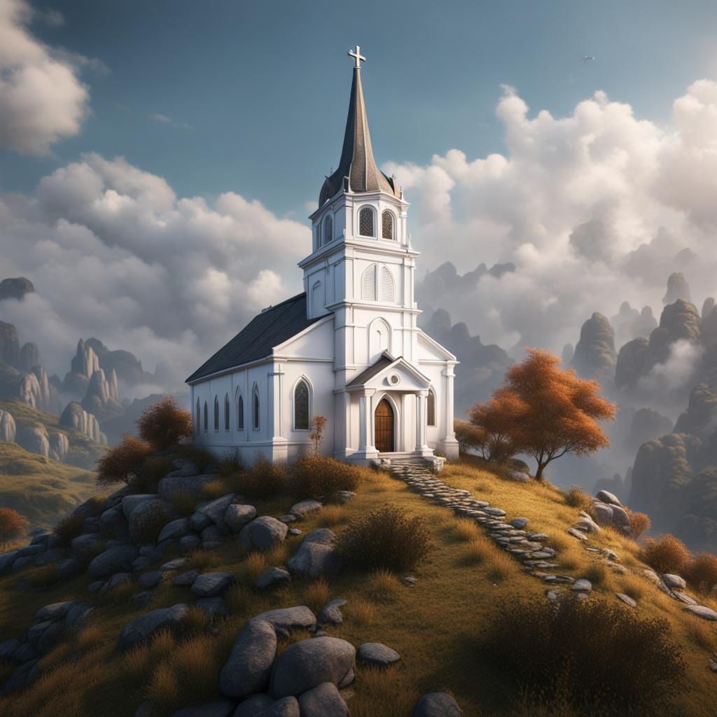 Small white church on hill