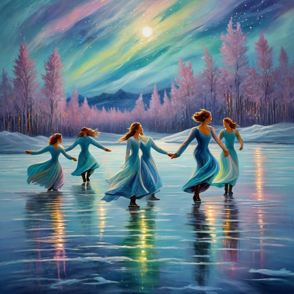 dancers gliding across a crystalline frozen lake under the shimmering aurora borealis