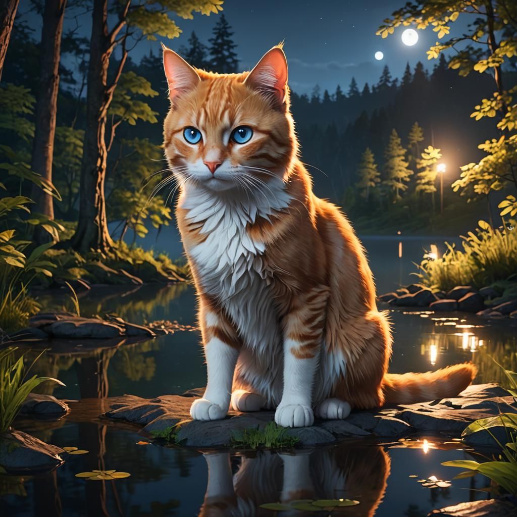 Ginger Cat by Lake: 3D Anime Art