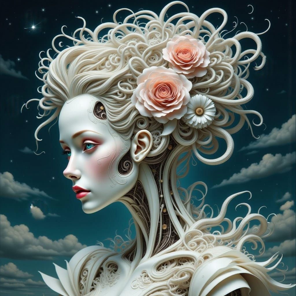 Robot Woman with Roses in Victorian Sci-Fi Style