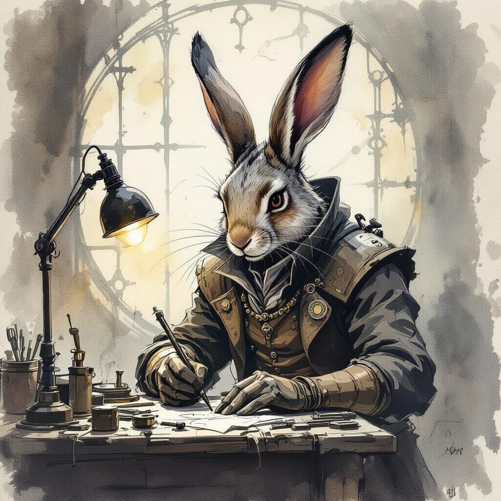 Harengon Artificer: Charcoal Sketch in Art Nouveau Style