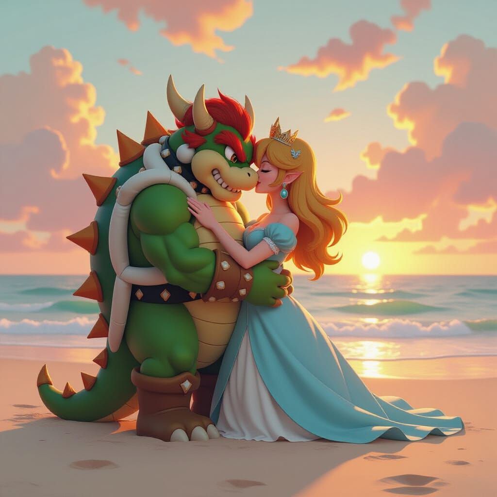 Bowser and Peach Embrace on Serene Beach in Concept Art Styl...
