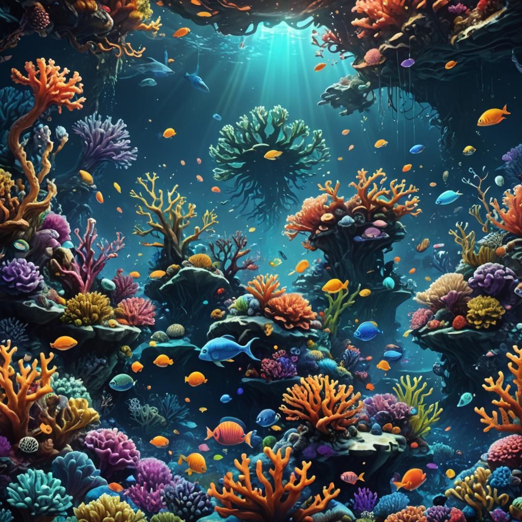Fantasy Sea Creatures in Vivid Coral Landscape