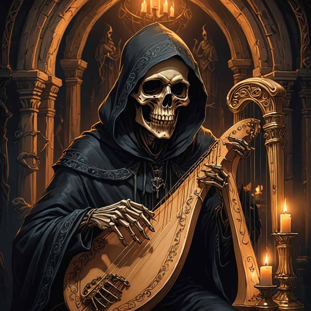 Grim Reaper's Harp Serenade: Cartoon Illustration