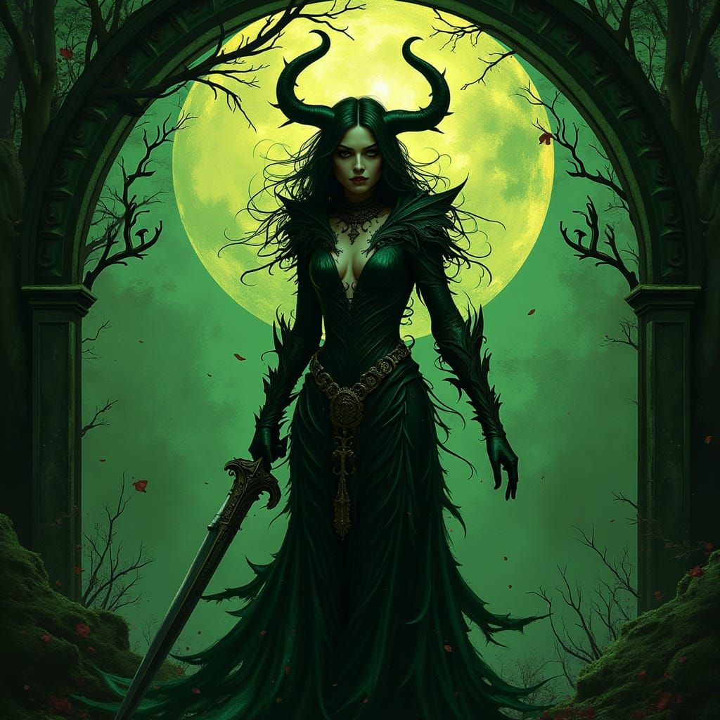 Grimdark Art Nouveau Landscape in Green Tones