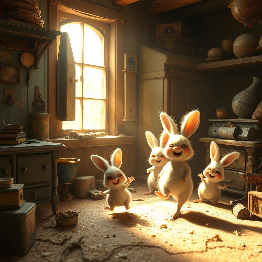 Whimsical Dust Bunnies Frolic in Sunlit Attic