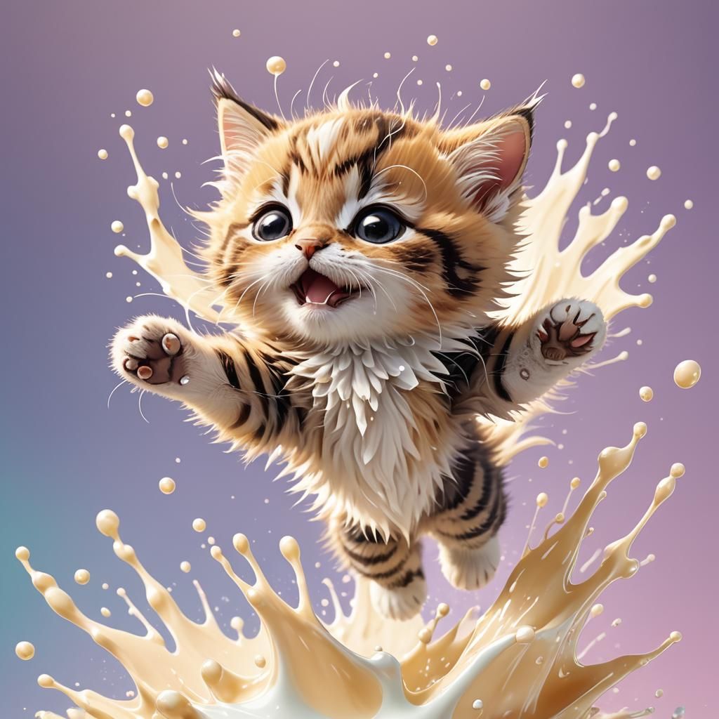 A cute baby cat
Jumping around in milk