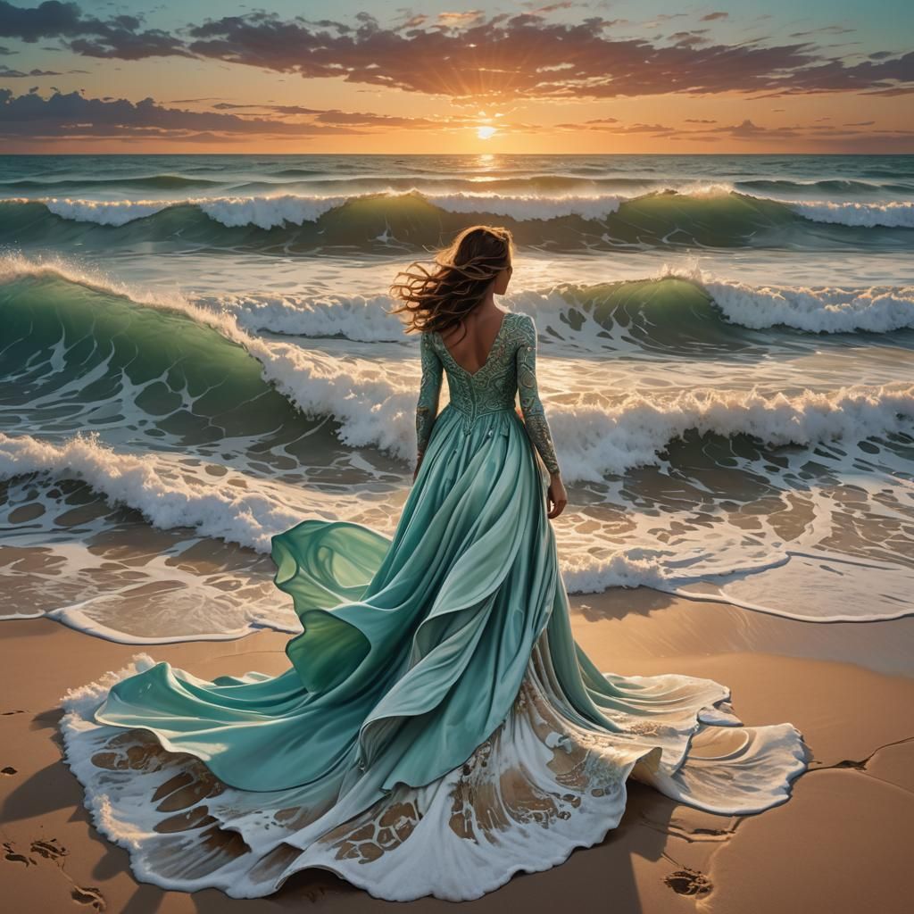 lady in a large swirling dress standing on a beach