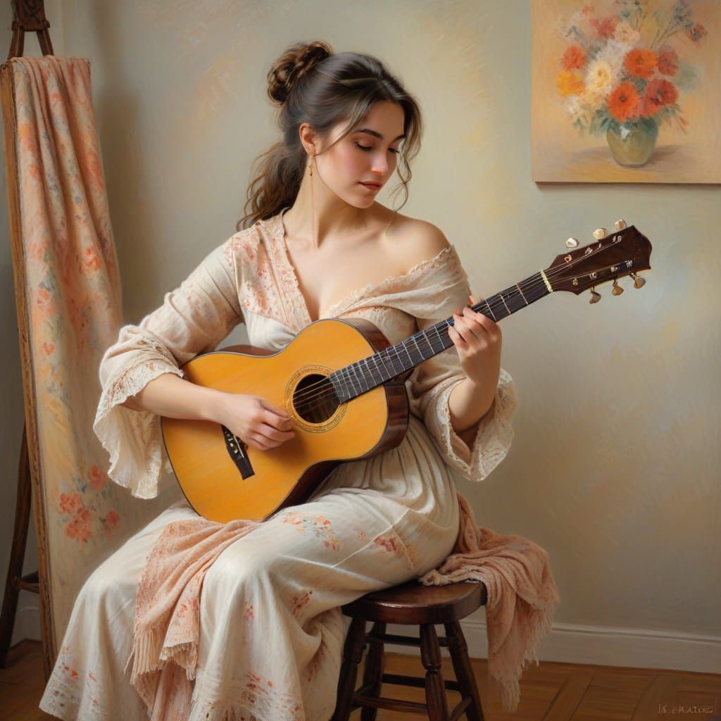 Sensual Woman Plays Guitar in Cozy Oil Painting