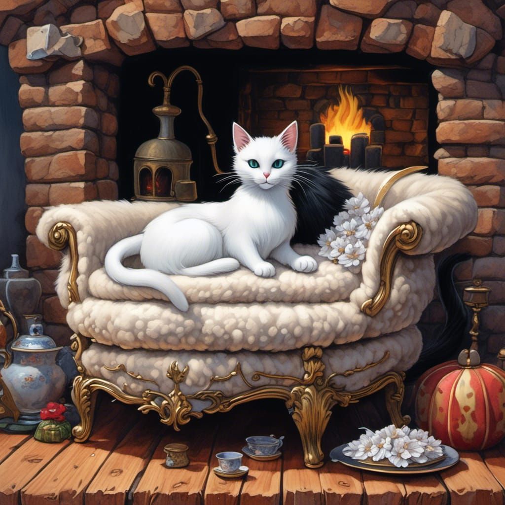 Elegant Black Cat by Fireplace: Cartoon Fantasy Art