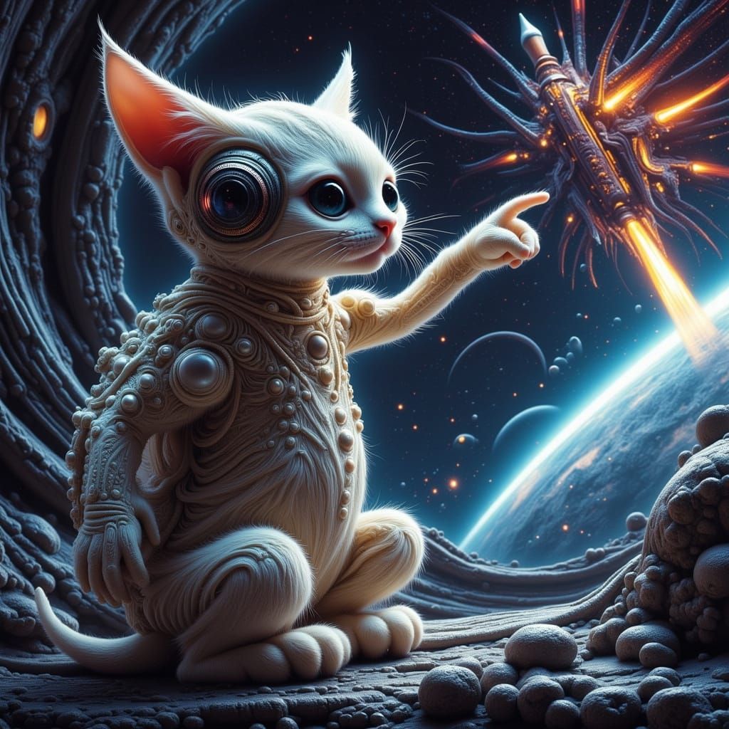 Alien Cat Points to Rocket in Biopunk Style