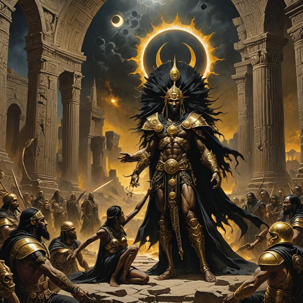 Cleric Exorcising Solar Eclipse in Sumerian Ruins