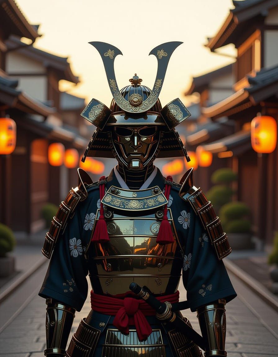 A photorealistic portrait of a robotic Japanese warrior wear...