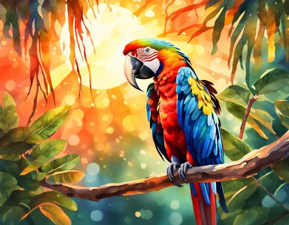 Macaw in Jungle Sunset: Watercolor Painting