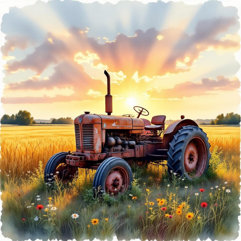 Watercolor Sunset: Abandoned Tractor in Golden Field