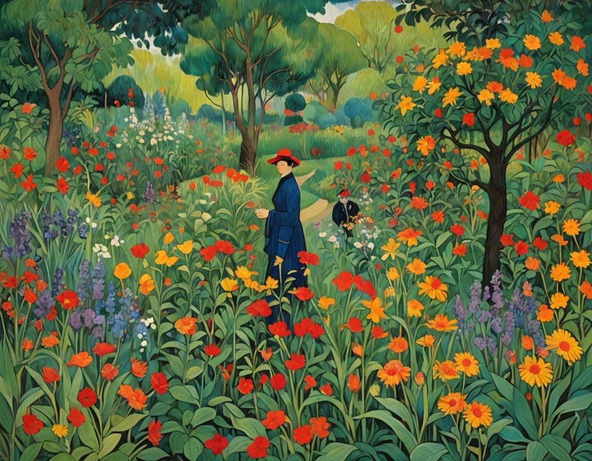 Whimsical Floral Garden Scene in Vibrant Colors