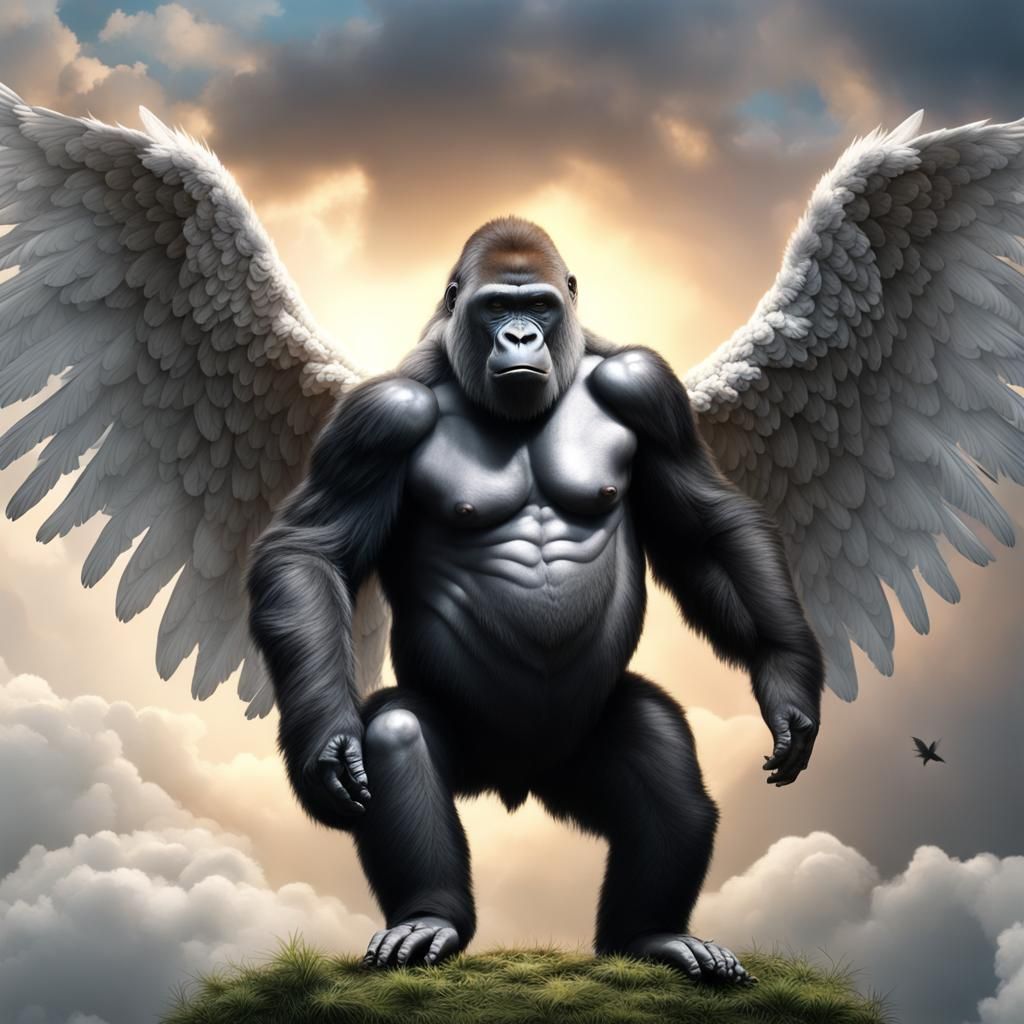 Heavenly Gorilla with Angel Wings in Hyperrealism
