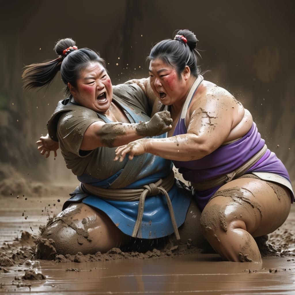 Hyperrealistic Mud Sumo Wrestling Match