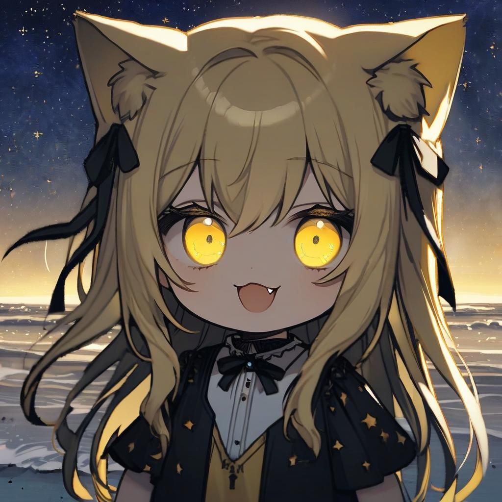 Adorable Chibi Catgirl with Glowing Eyes on Starry Beach