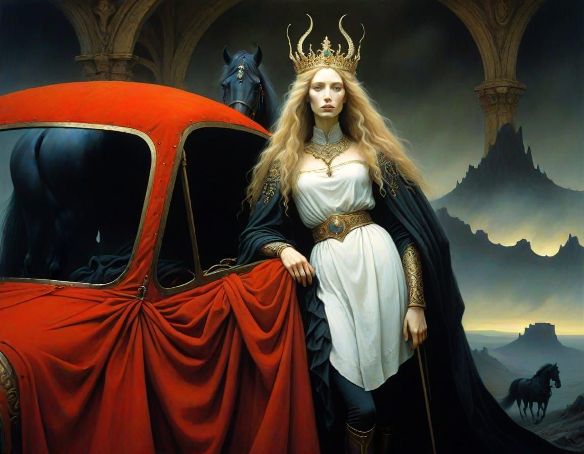 Regal Woman Rides Majestic Chariot in Fantasy World