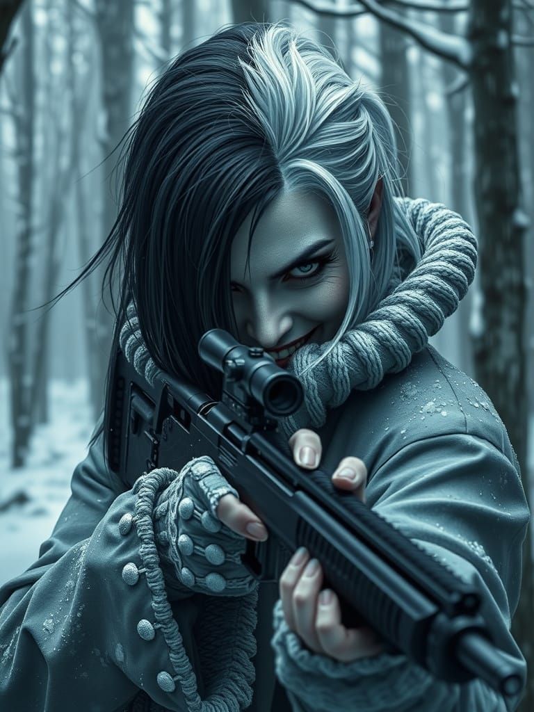 Hyperrealistic Cruella De Vil in Winter Forest