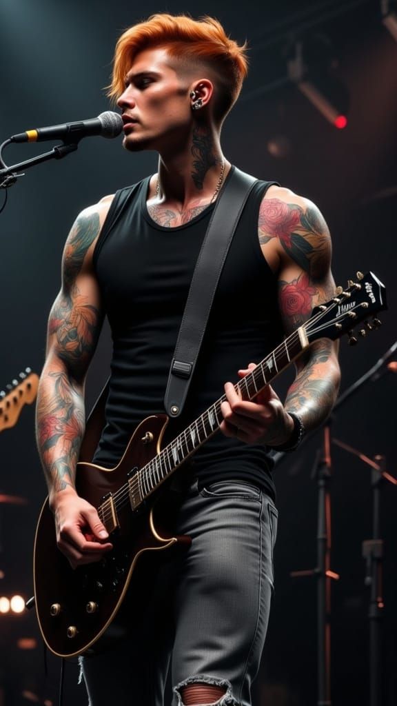 Tattooed Musician Performing on Stage in Hyperrealistic Styl...
