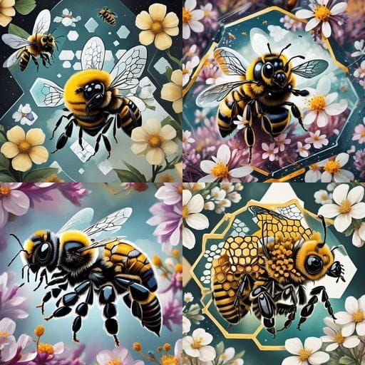 Beehive with Hexagon close-up, Bees and Flowers <lora:HiveMind RV5-1:0.7> <lora:NoirExpress:0.4> QUAD