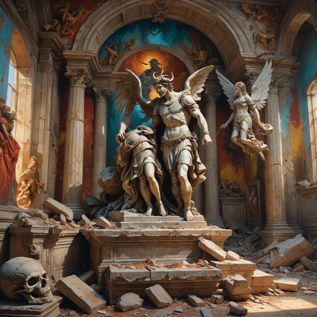 Renaissance Sculpture: Demon Facing Angel in Roman Ruins