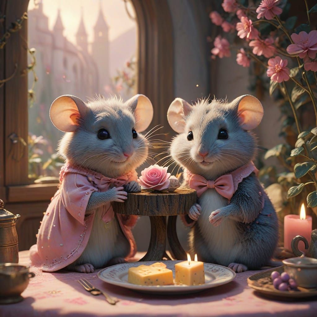 Whimsical Village Mice Share a Romantic Date in a Fantastica...
