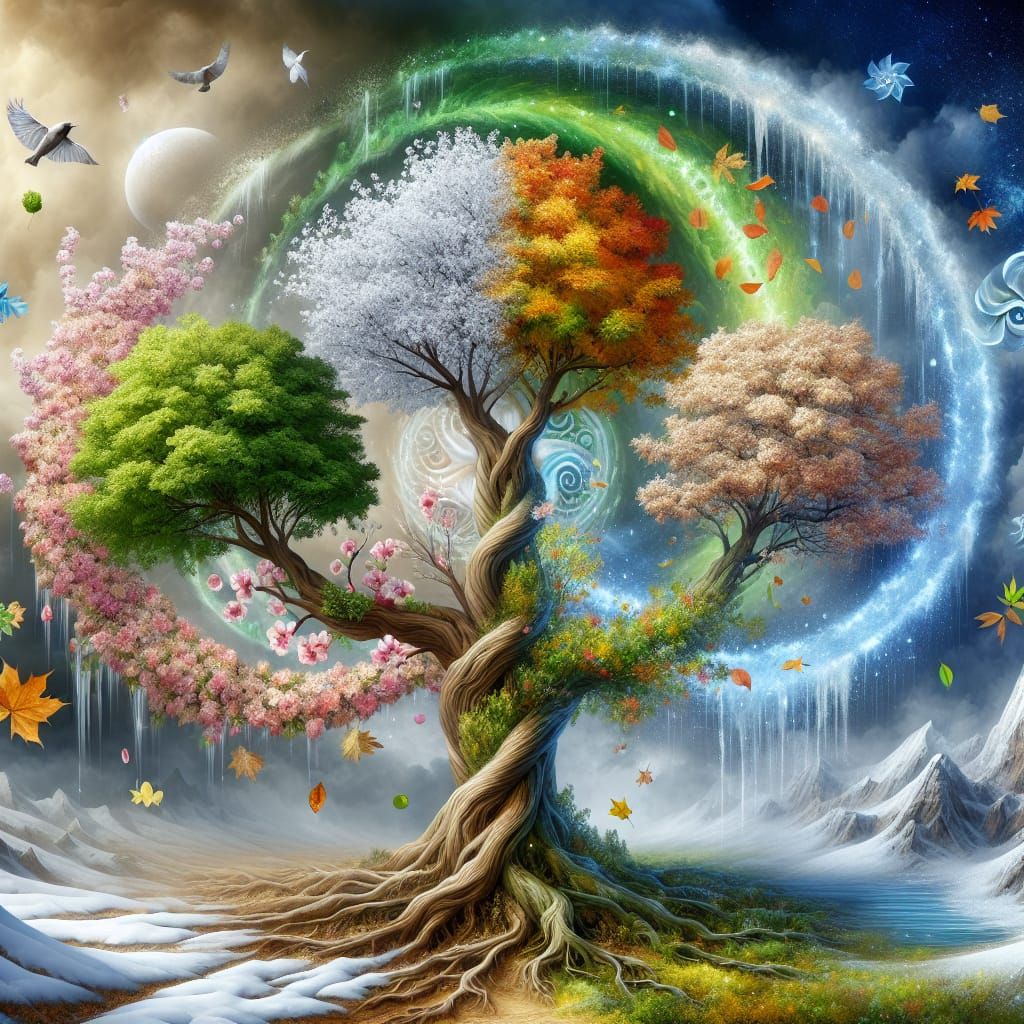Four Seasons Tree of Life in Surreal Matte Painting