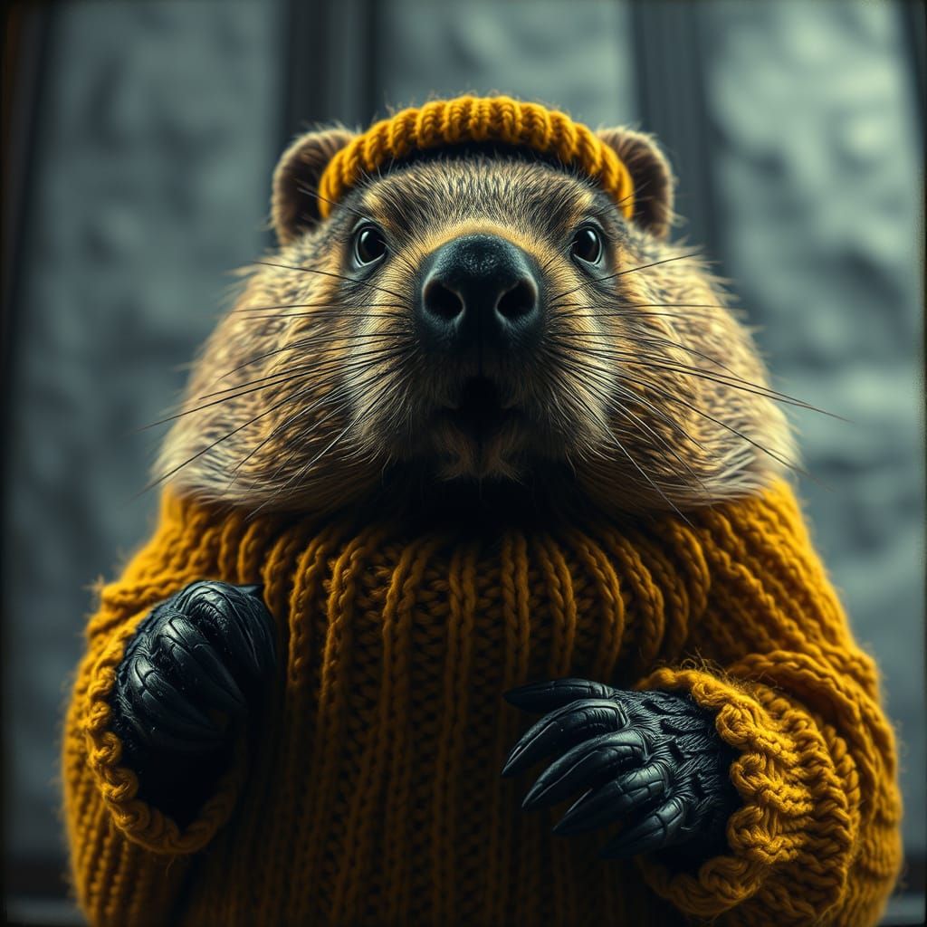 Yellow Knitted Beaver in Surreal Vintage Photograph