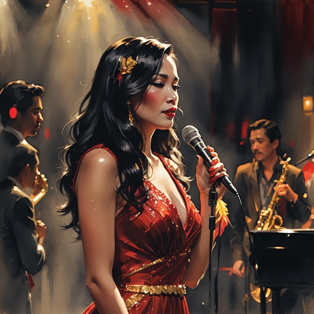 Jazz Vocalist in Red Dress, Digital Matte Painting