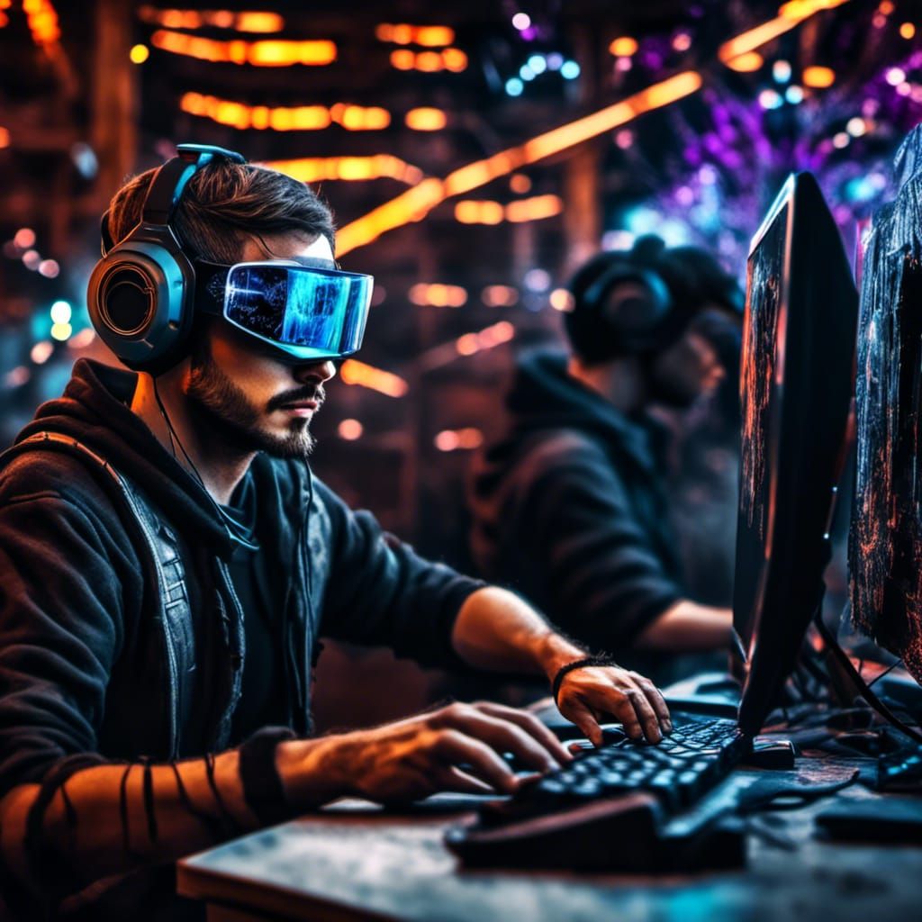 Cyberpunk Hacker with Visor and Reflected Screen